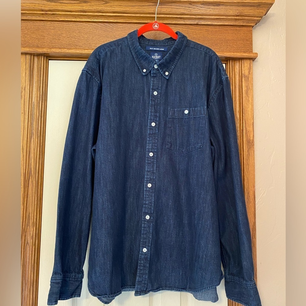 Old Navy Mens Denim Long Sleeve Shirt Slim Fit Sz XXL Blue Button Front